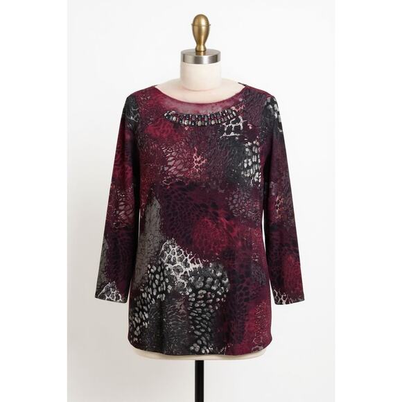 Susan Graver Artisans Plus Size 1X Susan Graver Animal Print Beaded Neck Top - Picture 1 of 10